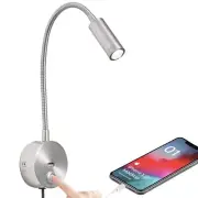 Dimmable Wall Mounted Reading Lamp with USB Charging Port, Flexible Gooseneck