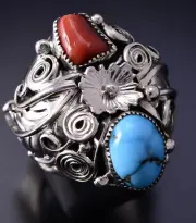 Size 9-1/2 Silver & Turquoise Coral Navajo Men's Ring by Sarah Yazzie 4L10E