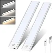 Under Cabinet Light 2 Pack, LED Wireless Rechargeable Motion Sensor Cupboard Light Bar, 3 Colours Dimmable Strip Night Light for Kitchen Wardrobe Cupboard, Silver, 40CM