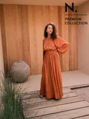 Rust Brown N. Premium Satin Jacquard Volume Sleeve Maxi Dress (F04454) | $120