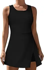 [LIONJIE] Women's Sleeveless Golf Tennis Dress Crew Neck Side Slit Workout Athletic Dresses with Built-in Bra Shorts and Pocket