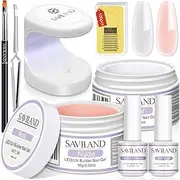 [Saviland] Builder Nail Gel Set - 2 Basic Colors Nail Extension Kit with Foundation Gel Top Gels LED Lamp Brush 100 Pcs Nails Forms at Home Salon