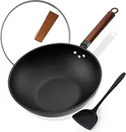 Kordisen Carbon Steel Wok, 12.6inch/32cm Nonstick Wok with Lid, Woks & Stir Fry Pans for Cooking, Flat Bottom Chinese Wok for Induction, Electric, Gas Stoves
