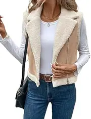 [Mywinway] Womens Suede Sherpa Leather Vest Jacket 2025 Fall Winter Cropped Zip Up Sleeveless Lambswool Fur Warm Coat