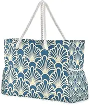 [Yoogain] India Scallop Pattern Blue Sturdy Bag Sports Tote with side pocketes Personal Item Bag for beach&work, India Scallop Pattern Blue, 1 size