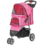 Pink Foldable Pet Stroller for Cats and Dogs 3 Wheels Carrier Strolling Cart wit
