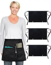 [Xeoxarel] 3 Pakc Server Aprons with 3 Pockets, Unisex Waitress Waiter Waist Apron for Women and Man Half Black 22''X14'', Black