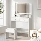 Oikiture Dressing Table Stool Set LED Mirror Vanity Desk with Drawers