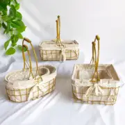 1PC Wire Woven Portable Basket Cotton Linen Fabric Lining Storage Basket Retro