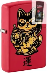 Zippo 08266 Lucky Cat Maneki Neko Red Matte Lighter + FLINT PACK