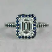 2Ct Emerald Cut Simulated Diamond & Sapphire Wedding Ring 14k White Gold Plated