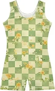 [FRODOTGV] Green Yellow Flowers Checkeds Leotard for Girls Gymnastics Soft Dance Unitards for Gymnastics, Dance, Cheer, Yoga
