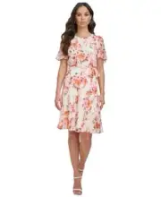 DKNY Printed Flutter-Sleeve Tie-Waist Dress Women's 2 Multicolor Back Zip S/S