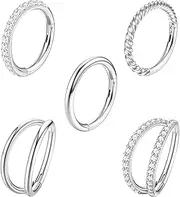 [Kakonia] 5Pcs 18G 16G Surgical Steel Nose Rings Hoop for Women CZ Clicker Hinged Septum Ring Lip Helix Cartilage Double Hoop Earring Daith Rook Conch Body Piercing Jewelry for Women 8mm 10mm