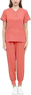 [kowaku] Women Uniform Scrub Set Work Clothing V Neckline with Pockets Top and Pants Nurse Work Clothing for Healthcare Cosmetology
