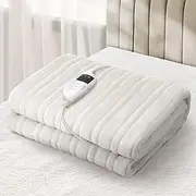 [BEDRA BEDDING] Electric Throw Rug with Flannel Fabric 9-Hour Timer Snuggle Blanket Overheat Protection Adjustable 9 Heat Washable Single Controler Cream White
