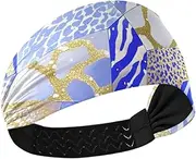 [Yoogain] Blue Gold Irregular Marble Leopard Print no Slip Comfortable Headbands for Women Elastic Hair for Volleyball Yoga Running Basketball