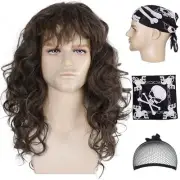 80s Rock Wig with Bandana 80s Mens Mullet Brown Curly Hair Wig Glam Metal Pun...