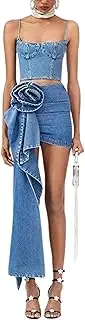 [Ponitrack] Aesthetic Women's 2 Piece Asymmetric 3D Flower Denim Skirt Zip Up Crop Tank Top Midi Denim Set