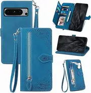 [Asuwish] Mobile Phone Case for Google Pixel 8 Pro Case with Screen Protector Card Slot Foldable Leather Wallet Stand Pixel8Pro 8Pro 5G Mobile Phone Cases Protective Zip Mobile Phone Case Blue