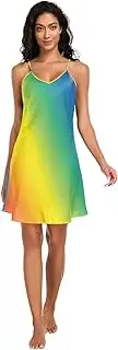 [RPLIFE] Rainbow Color Blurred Lines Copy Spacebanner Lingerie Slip Dress, Sexy V Neck Spaghetti Strap Nightgown, Small