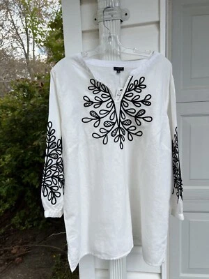 NWT Talbots Gorgeous White Black Leaf Embroidered Linen Cotton Lined Tunic 1X