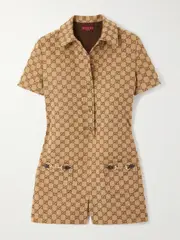 [Gucci] Gucci - Embellished Leather-trimmed Canvas-jacquard Playsuit - Camel - IT44 IT 44 Brown