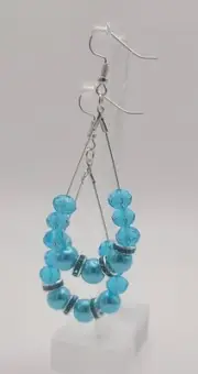 EARRINGS BEADED AQUA BLUE CRYSTALS 2.5 INCHES TEARDROP HOOPS SILVER-TONE #31