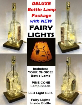 YOUR CHOICE Liquor Bar Bottle LAMP w/ PINE CONE Shade FAIRY LIGHTS & LED Bulb