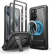 [Dexnor] Magnetic Case for Samsung Galaxy S24 Ultra Case with Adjustable Kickstand & 2 Front Frames & Built-in Screen Protector, MagSafe Compatible Rugged Shockproof Full-Body Protective Cover - Black