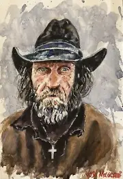 Watercolor Original Painting One-of-a-kind 7.1/2" X 11" Old Cowboy