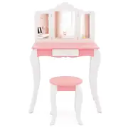 Babyjoy Kids Vanity Table & Chair Set 2-in-1 Wooden Makeup Desk Pretend Play Set Princess Dressing Table Stool