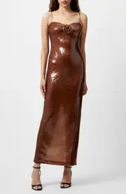 French Connection Beatrice Sequin Rosette Maxi Dress in Brown Sequin at Nordstrom, Size 10