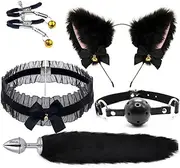 6Pcs Anal Plug Tail, Furry Fox Tail Plug Animal Ear Headband Collar Chest Clip Ball, Anal Plug Role-Playing Costume Set, Sex Toy (Black)