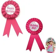 [DACUAN] Birthday Pinback Buttons Badge Pin, 2PCS Pink Birthday Girl Rosette Badge Birthday Award Ribbon Badge Pin Brooch Decorations for Birthday Party Decoration Supplies 15.5 * 8cm