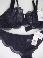 SIMONE PERELE KARMA 14B / 36B Half Cup Bra Sz 3 Tanga Navy Italian Lace Rp $170