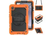 WASSUP Samsung Galaxy Tab A9 8.7 inch 2023 Case With Screen Protector Rotating Hand Strap Stand & Shoulder Strap-Orange&Black