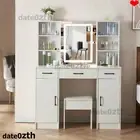 Dressing Table Stool Set Makeup Mirror with LED Light Vanity Desk Cabinet Drawer