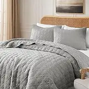 Oversized California Cal King Size Quilt Bedding Sets with Pillow Shams, Grey Summer Lightweight Bedspread Coverlet, Farmhouse Quilted Blanket Thin Comforter Bed Cover, 3 Pieces, 118x106 inches