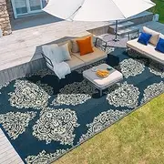 WIKIWIKI Outdoor Rugs 5x8 for Patios Clearance Waterproof, Portable & Small RV Camping Rug, Geometric Plastic Straw Mat for Indoor/Outdoor use, Picnic, Tent, Porches, Deck, Pool Rugs, Blue & Beige