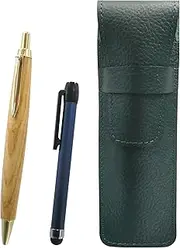 Grain Leather Pencil Case Moss Green Metal Touch Stick Blue and Maple Wood Axis Retro Ballpoint Pen Set SASMG-ALL-HS47S