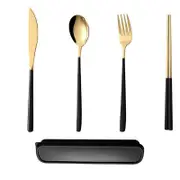 6PCS/Set Cutlery Set Stainless Steel Spoon Fork Knife Chopsticks Travel Box Bag