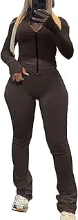 [pnahip] Women's Fall 2 Piece Outfits Bodycon Long Sleeve Zipper Cropped Jacket and Stacked Leggings Pants Sets Sweatsuit