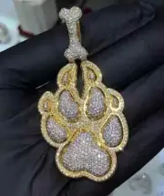 3Ct Moissanite 14k Yellow Gold Plated Custom Paw Print Dog Bone Bail Men Pendant
