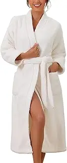 [cheibear] Womens Fluffy Fleece Robe Long Sleeve Thick Plush Self Tie Long Bathrobe for After Shower Spa Bath Suana White M