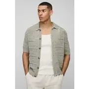 Mens Grey Oversized Boxy Crochet Look Tape Yarn Knitted Shirt