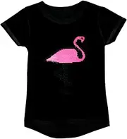 [Aelstores] Girls Flamingo Animal T-Shirt Brush Changing Sequin Short Sleeve Tee Top Colour: Black Flamingo - Size: 5-6 Years
