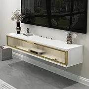 Solid wood TV cabinet, wall-mounted TV cabinet, TV storage rack, thickened tempered glass cabinet door, solid and stable, convenient storage, suitable for living room, bedroom, office(White,120cm/47.2