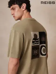 Reiss Sage Green Brava Reiss | Ché Cotton-Linen Sunset T-Shirt (F70341) | $195