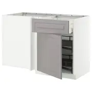 METOD / MAXIMERA corner base cab w drawer and p-out, white/Bodbyn grey, 128x68x80 cm